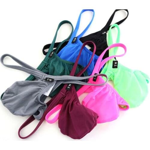 Silky mens thongs ice silk mens large pockets breathable low-rise sexy mens thongs penis pouch gay underwear