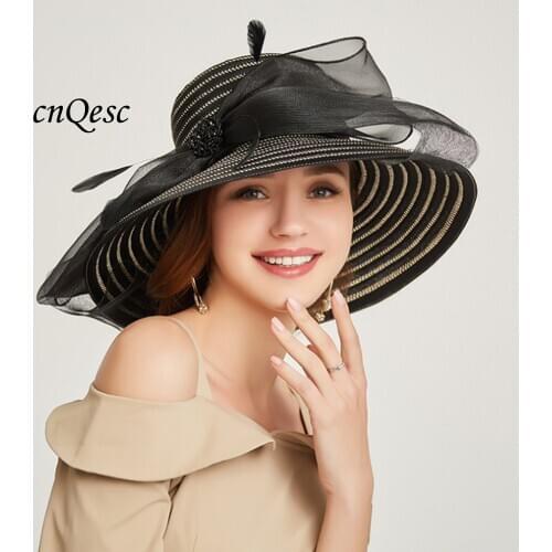 2021 NEW DESIGN.Black Big brim Summer hat Womens hat chapeu feminino with organza bow for Church,wedding Kentucky Derby
