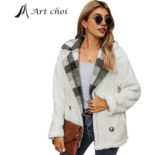 Thick Winter Women Casual Checked Plaid Faux Fur Jackets Warm Cardigan Female Teddy Plush Coats Sweatshirt Outerwear Overcoats