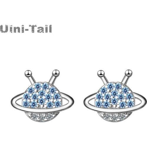 Uini-Tail hot new 925 sterling silver blue planet micro-set stud earrings simple fashion small cute dynamic planet jewelry ED508
