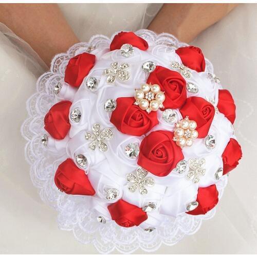 WifeLai-A 1Piece Luxury White Red Rose Flowers Lace Brooch Bridal Bouquets Diamonds Stitch Wedding Decoration Bouquets W2281