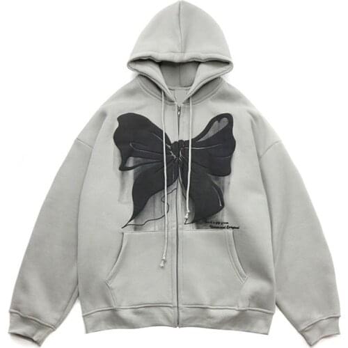Y2K Fashion Oversized Butterfly Rosette Graphic Bow-Knot Zip Up Hoodies E-girl 90s Streetwear Bow Grey Long Jacket Autumn