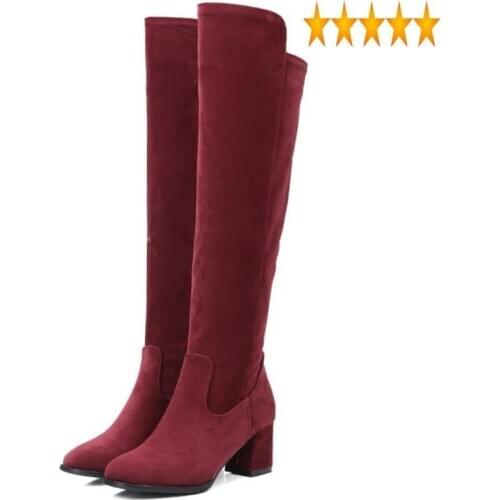 Over British Style Knee Womens Boots Side Zip Winter New Fashion Faux Suede Pointed Toe Female Shoes High Thick Heel Footwear
