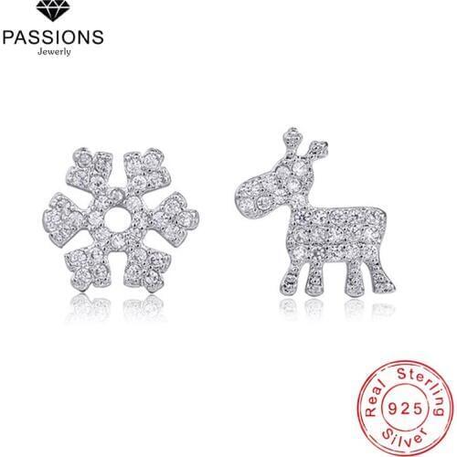 Hot Sale Fashion Snow Flake And Deer Stud Earrings Christmas Gift 925 Sterling Silver Cubic Zirconia Ear Stud For Women Jewelry