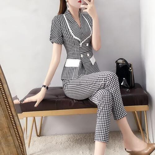 Womens suit 2019 summer new fashion temperament double-breasted plaid suit casual trousers two sets of wild womens clothing