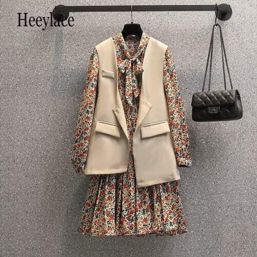 Plus Size Office Ladies Autumn Two Piece Set Korean Casual Bow Collar Long Sleeve Print Pleated Dresses And Vest Suits 4XL Sets