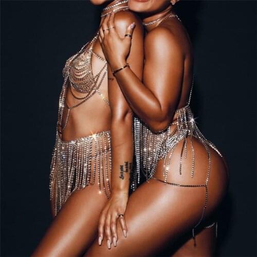 Women Sexy Hollow Out Diamond Backless Two Piece Set Cover Up Bikini See Through Crop Top Tassel Rhinestone Symmetry Mini Skirts