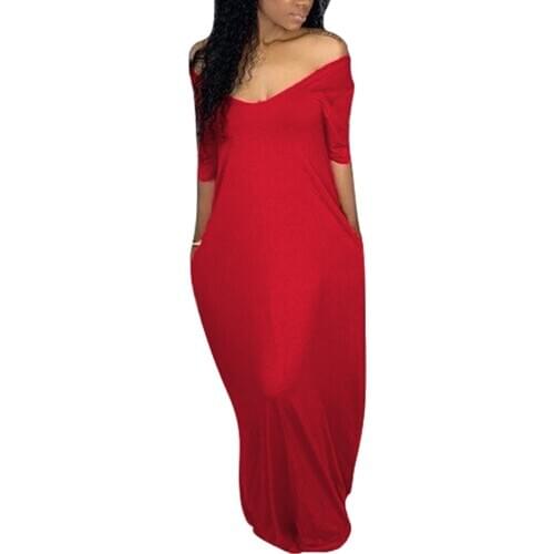 2020 woman dress Summer Oversize Solid Color Off Shoulder Short Sleeve Maxi Dress dresses Red женское платье vestido de mujer