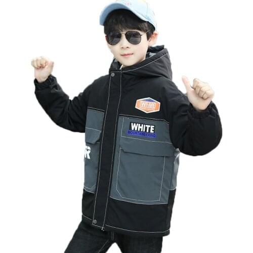 Winter Polyester Jacket For Boy New 2021 Korean Version Fashion Keep Warm Coat Hooded Print Patchwork Casual Childrens Clothing