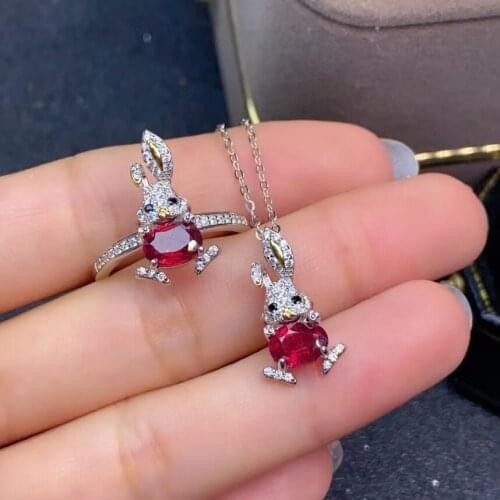 100% Natural Real Ruby Set 925 Sterling Silver,1pc Ruby Ring,1pc Ruby Pendant Female Engagement Jewelry