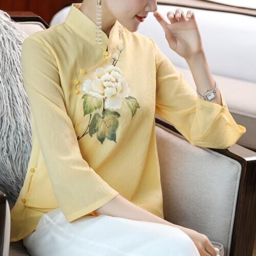 2021 Woman Traditional Chinese Clothing Top Retro Flower Print Hanfu Women Tops Elegant Oriental Tang Suit Chinese Blouse 10589