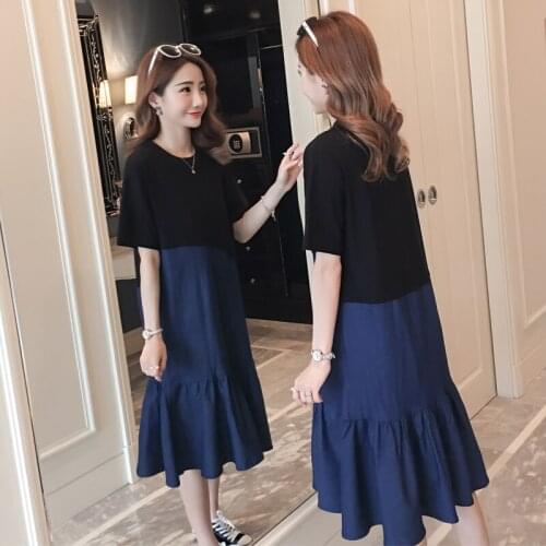 2133# Stylish Denim Patchwork Cotton Maternity Dress Summer Korean Fashion 3XL Clothes for Pregnant Women 4XL Pregnancy Clothing