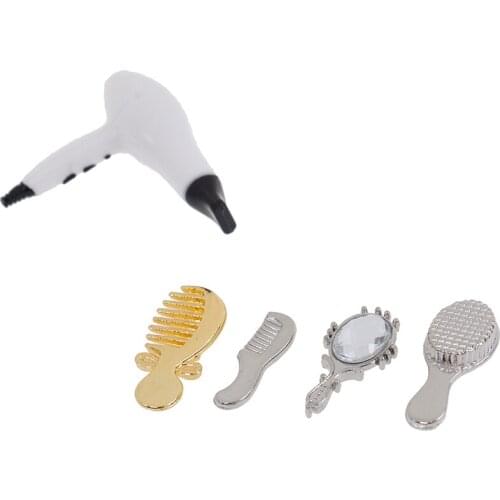 5Pcs/Set 1/12 Dollhouse Miniature Practical Bathroom Accessory Comb Hair Dryer Mirror Model Building Kits Kids Toys