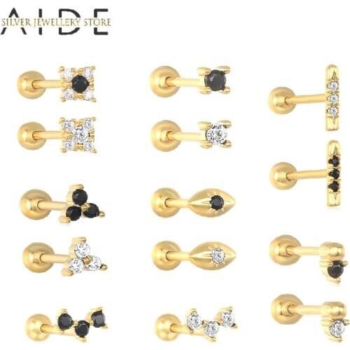 AIDE 925 Sterling Silver Geometric Stud Earrings Cute Small Zircon Ear Bone Nail Mini Flower Pierced Earrings Jewelry kolczyki