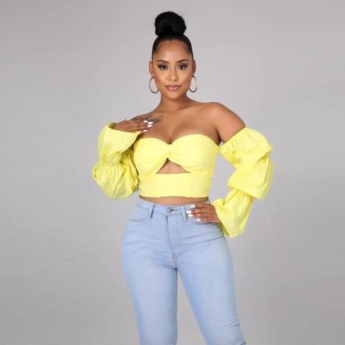 White Yellow Womens Slim Fit T-shirt Summer Off The Shoulder Long Puff Sleeve Crop Tops Simple Hollow Out Backless Club Tees