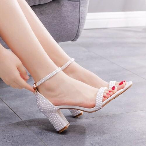 Crystal Queen Ankle Strap Women Sandals Summer High Heels Buckle Ladies White Pearl Wedding Shoes Gladiator
