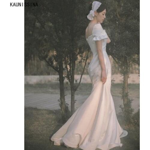 KAUNISSINA Mermaid Wedding Dresses Romantic Square Collar White Simple Satin Vestido de Noiva Sweep Train Princess Bridal Gowns