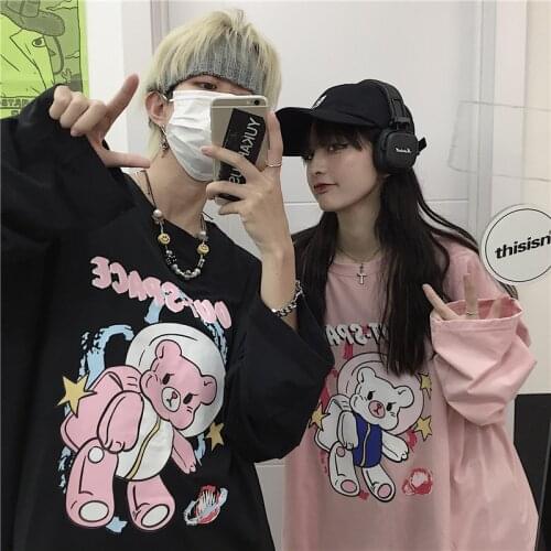 Korean cartoon couple shirt casual fashion punk streetwear hip-hop women T-shirt long sleeve loose tees big size Ulzzang clothes