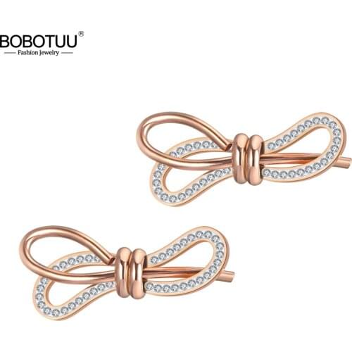 BOBOTUU Trendy Stainless Steel Geometric Bowknot Earrings Jewelry Rose Gold Clay Rhinestone Party Earrings For Women BE19122