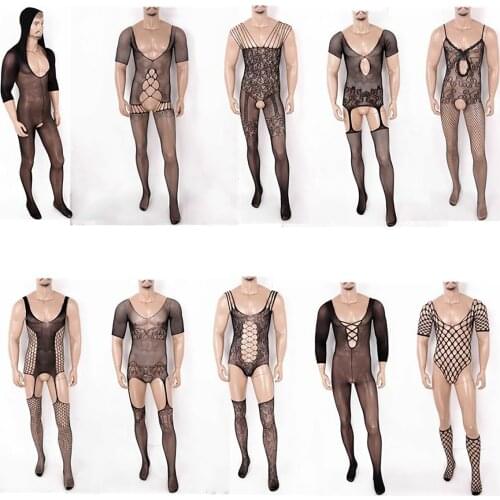 Men Sissy Crossdressing Lingerie See Through Gay Bodystocking Hollow Out/Crotchless Sheer Mesh Bodysuit Sexy Pantyhose Stockings
