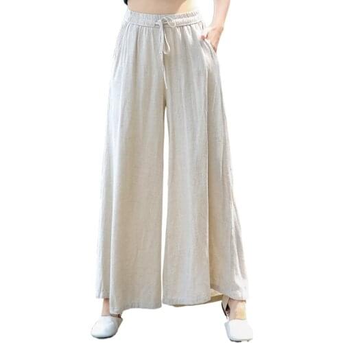 Women Linen Wide Leg Pants Elastic Waist 2021 Autumn Winter New Pockets Plus Size Women Clothing Loose Vintage Trouser V1969