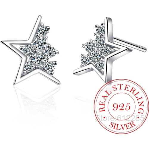 Real 925 Sterling Silver zircon Star Stud Earrings For Fashion Women Party Minimalist Fine Jewelry Cute Accessories Gift