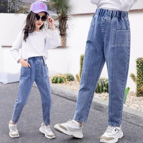 2021 New Girls Jeans Kids Autumn Denim Pants Loose Casual Teens Girls Jeans Fashion Elastic Waist Trousers Childrens Clothes
