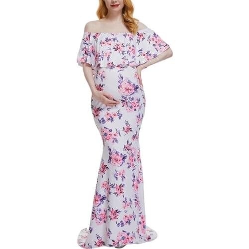 New Elegant Women Off Shoulder Ruffles Maternity Dresses Maxi Photography Dress for Photo Shoot Props Clothes Fitted Baby Shower