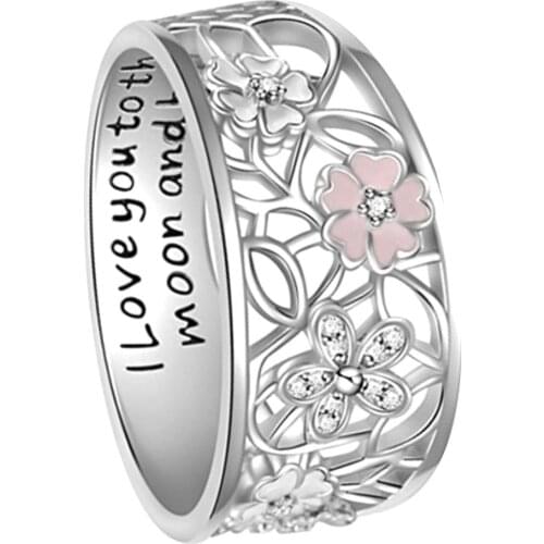 Love You To The Moon And Back Hollow Flower Rhinestone Inlaid Bride Wedding Ring