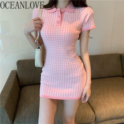 OCEANLOVE Plaid Woman Dresses Knitted Bodycon Sexy 2021 Spring Summer Vintage Vestidos Short Sleeve Mini Dress Stretch
