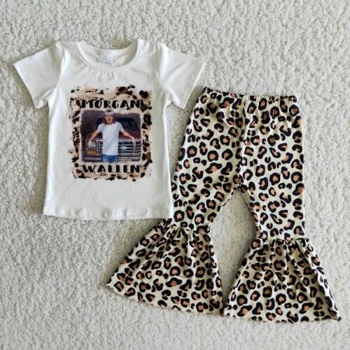 Spring baby girl outfits simple white tee shirt singer kids clothes leopard flared pants country style free shipping products