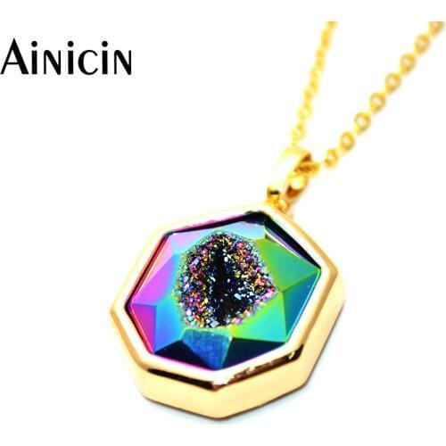 Natural Druzy Crystal Hexagon Shape Pendant Necklace Shine Drusy Geode Fashion Men and Women Jewelry