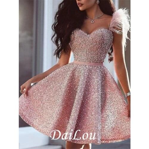 A-Line Glittering Luxurious Homecoming Cocktail Party Valentines Day Dress Sweetheart Sleeveless Short /Mini Satin Beading 2021