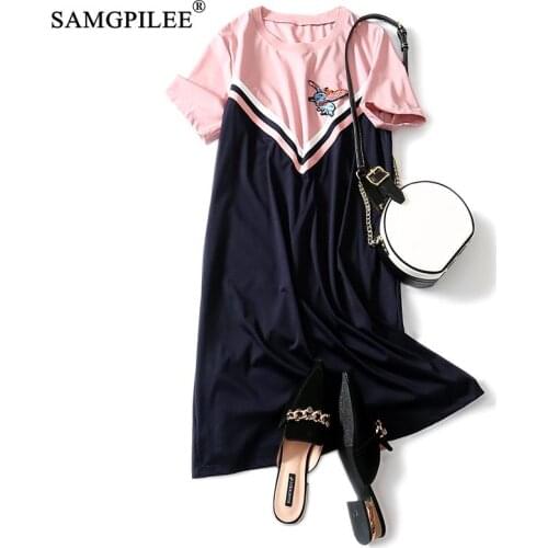 Summer Dress Women Plus Size Dress Casual A-line Patchwork Short Pockets Knee-length Empire O-neck Summer Women Korean Dress 3XL