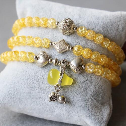 6mm Burst Yellow Crystal Bracelet Tibetan Silver Gourd Pendant Female Jewelry Bracelet Multilayer Chain Necklace Natural Stone