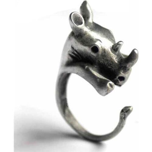 Hot retro silver Color ring mens European and American womens rhinoceros animal mouth ring female jewelry