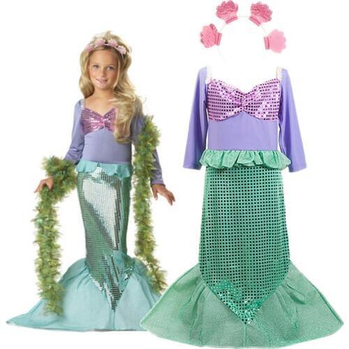 Girls Christmas Cosplay Little Mermaid Outfit Princess Dress Children Carnival Birthday Party Ariel Costume Kids Clothes and Wig