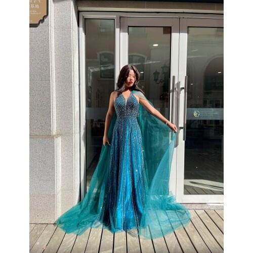 Evening Dresses Long Cape Sleeves Green Lxury Gowns Fashion Ladies Partydress With Diamond Formal Dress For Women Wedding
