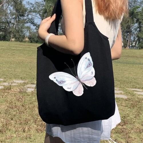 Vintage Cartoon Butterfly Print Handbag Shopping Bag Chic Korean Sweet Large Canvas Tote Bag Ulzzang Ins Womens Shoulder Bag