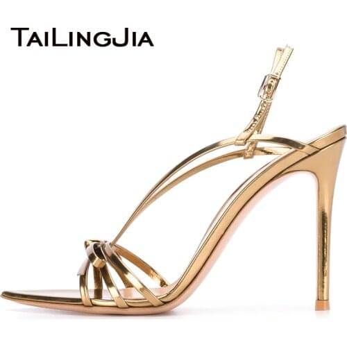 Elegant Gold Strappy Summer Sandals Party Heels 2020 Pointed toe Patent Leather Women Stiletto Heel Large Size Dress Footwear