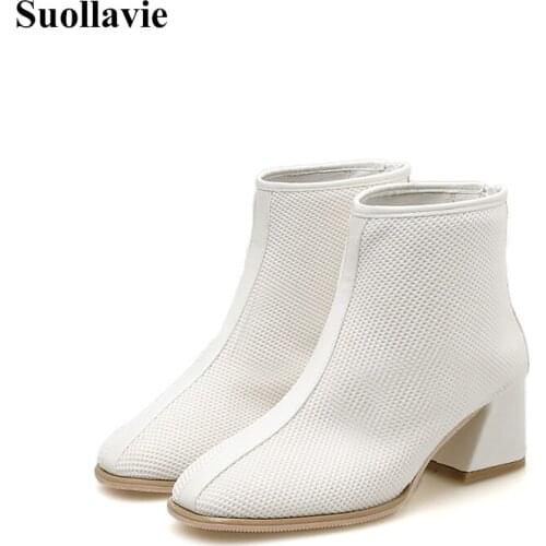 Suollavie Women Autumn/Winter Ankle Boots Round Toe Square Heels Bonded Leather Air Mesh Zipper Lady Fashion Shoes