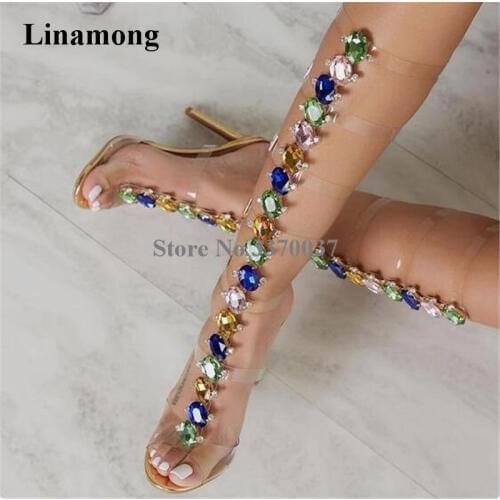 Women New Design Beautiful Rhinestone PVC Straps Thin Heel Gladiator Boots Transparent Crystal Diamond Long Sandal Boots