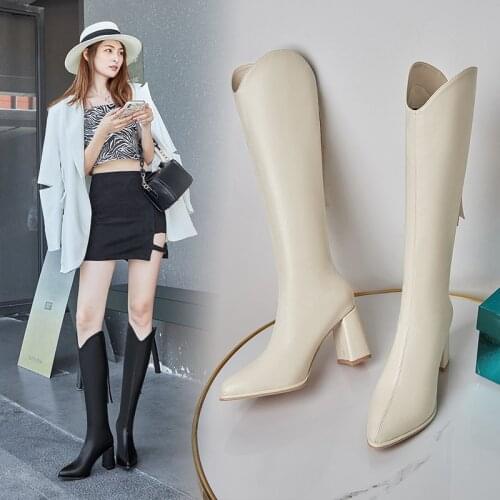 2021 New White Black White Women Knee High Boots PU Leather Pointed Toe Ladies Long Boots Short Plush Women Winter Boots