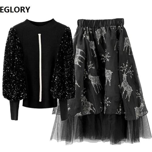 Newest Fashion Sweater Sets 2020 Autumn Winter 2 Piece Set Women Sequined Deco Knitted Pullovers+Ball Gown Skirt Sets Suit Club
