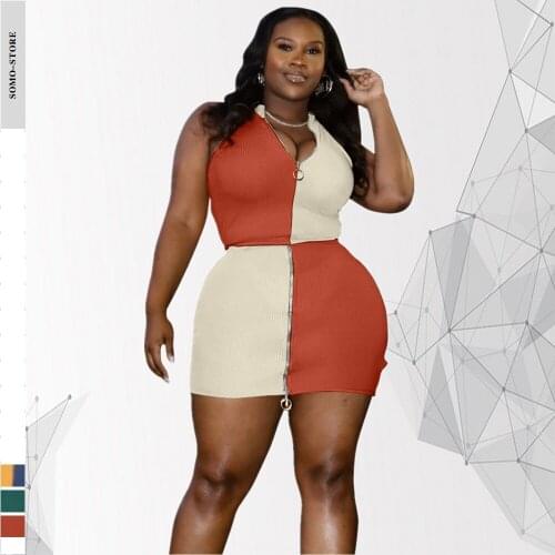 Plus Size Two Piece Set Women Summer Skirt Fashion Patchwork Sleeveless Sexy Streetwear Style Skirt Suits Wholesale Dropshipping