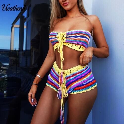 Fishing Net Women Two Piece Set Summer Tank Top + Short Outfits Sets Tracksuit Hollow Out Femme Conjuntos De Mujer
