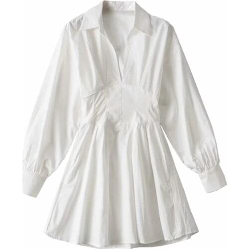 TVVOVVIN Spring New Solid Color Bandage High Waist Short Dress Casual Laple Long Sleeve Hollow Pleated Dress N8PM