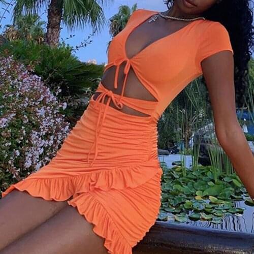 Women Lace Up Deep V Neck Ruched Bodycon Mini Dress Summer Hollow Out Ruffles Beachwear Hollow Ruffled Hip Sexy Dress Wholesale