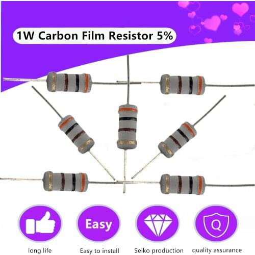 20Pcs/lots 1W Carbon Film Resistor 5% Four-Color Ring Full Series Ohm Resistance 1R~1M High Precision Resistors 220 1K 10K 100K