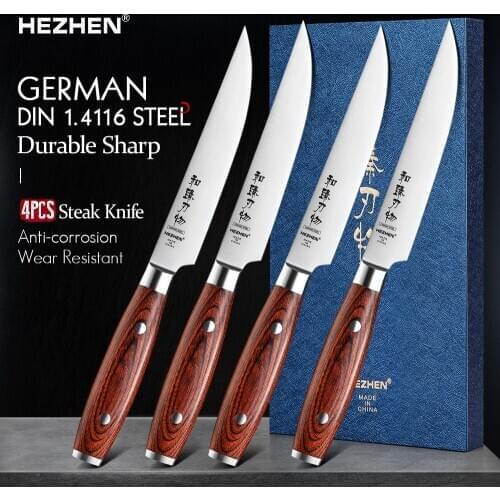 HEZHEN 4PC Steak Knife Set Stainless Steel Razor Sharp Blade Chef Cutting Tools